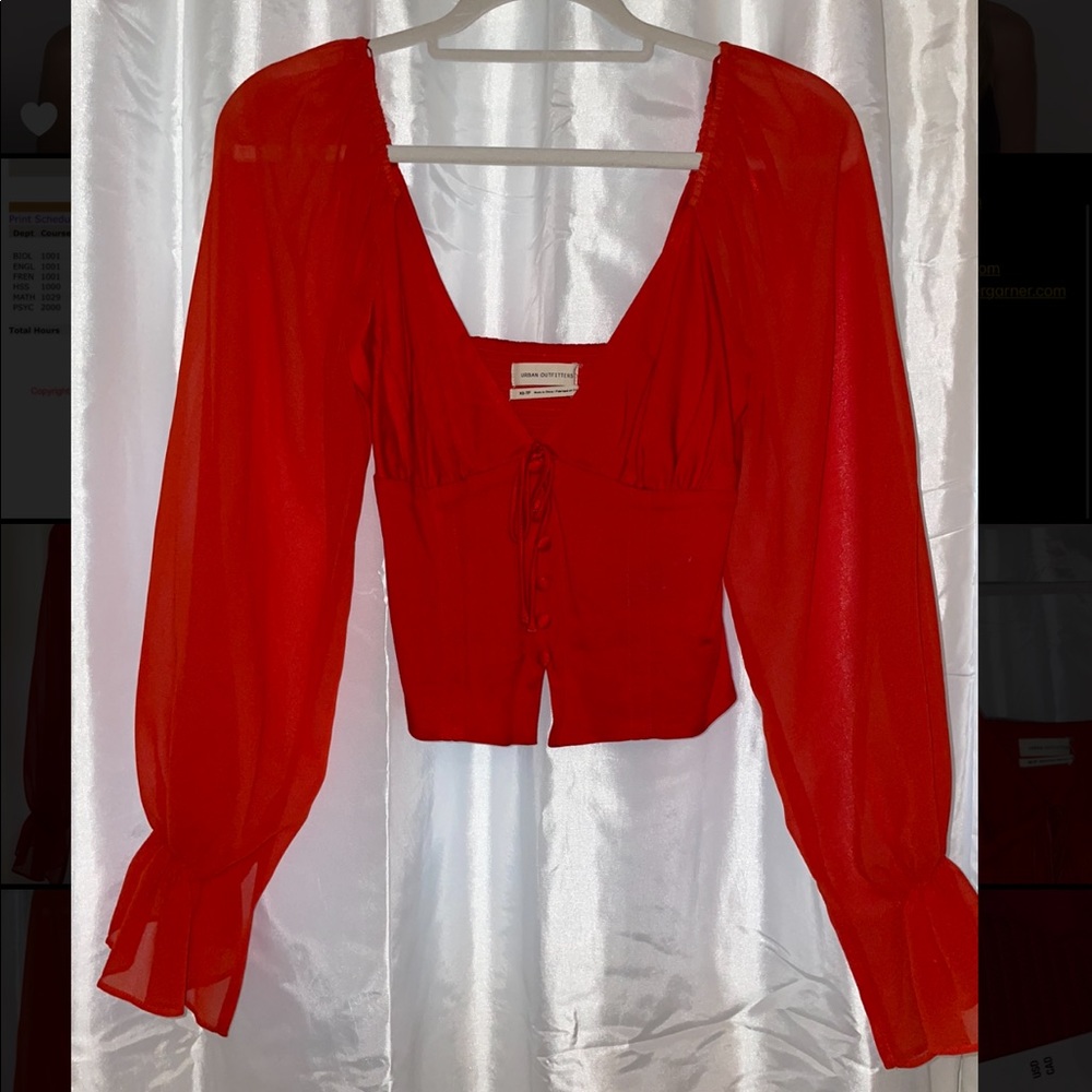 V-cut button up crop top with sheer sleeves